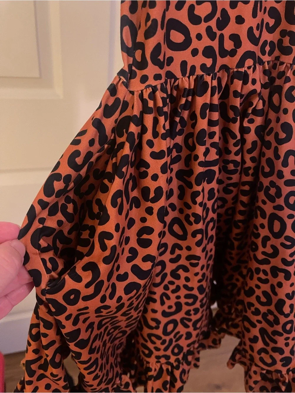 Girls' Brown Leopard Print Puff Sleeve Dress with Ruffle Hem